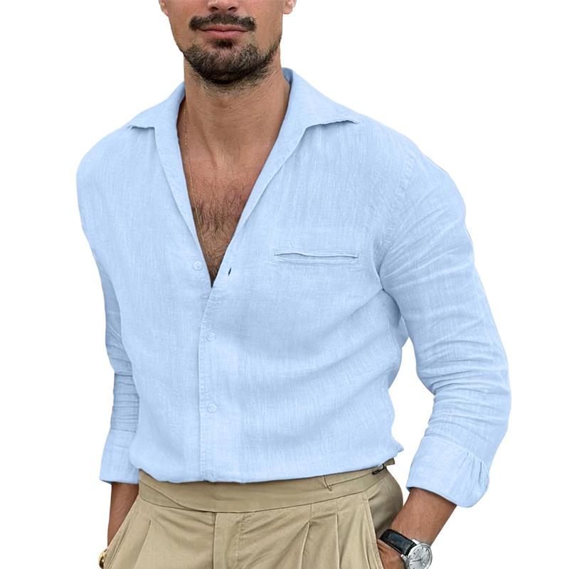 Men's Casual Solid Color Cotton And Linen Lapel Long-Sleeved Shirt 31987762Y