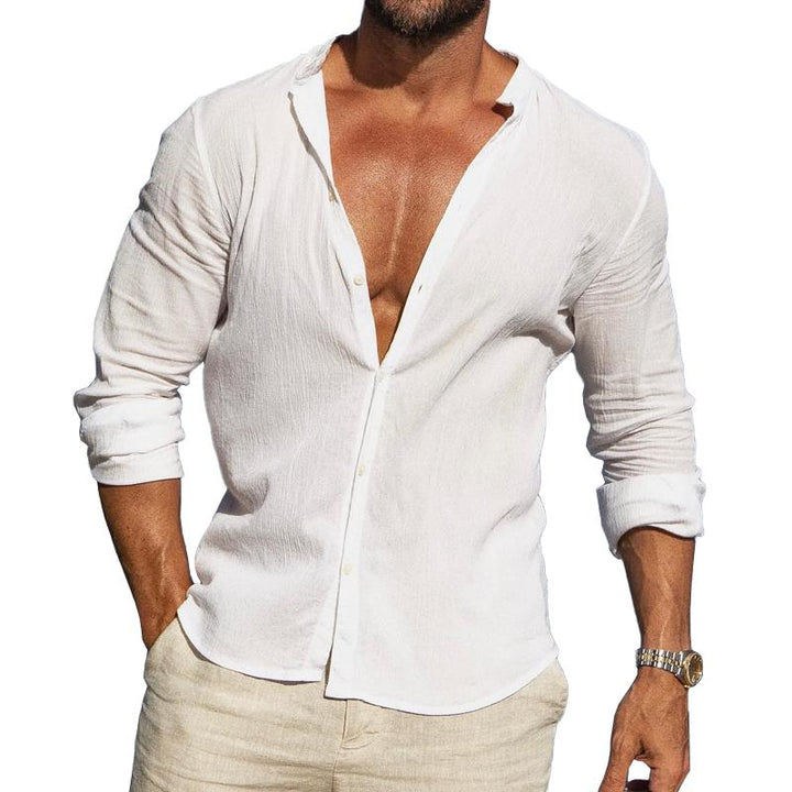 Men's Solid Linen Stand Collar Long Sleeve Casual Shirt 57389391Z